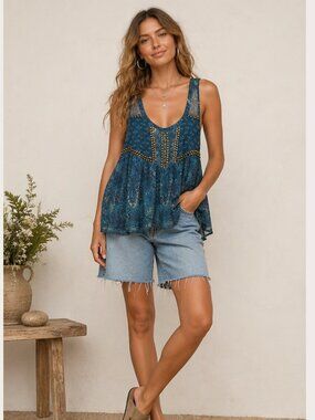 Ecote Sleeveless Boho Tank Semi Sheer Blouse Teal Blue Size Small Music Fest